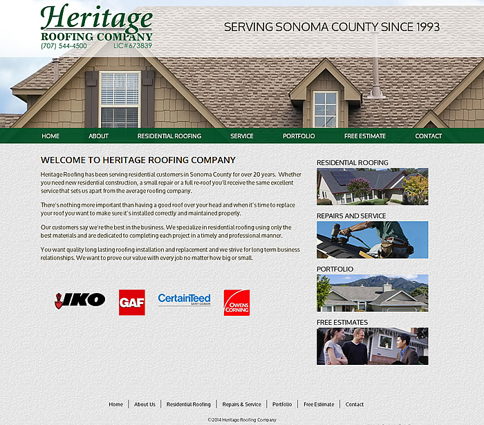 Heritage Roofing Website Homepage