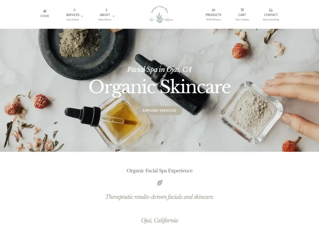 Santa Rosa Web Design Example -Juniper Lane Skincare Studio Home page